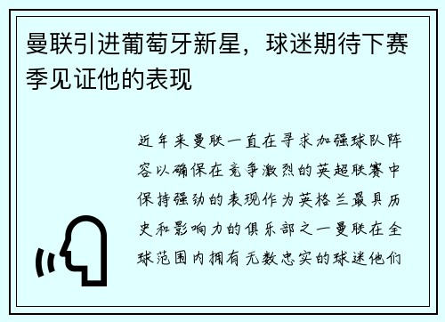 曼联引进葡萄牙新星，球迷期待下赛季见证他的表现