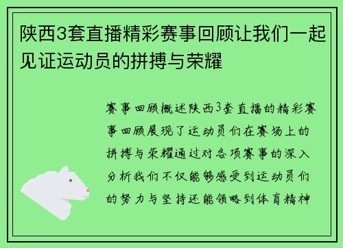 陕西3套直播精彩赛事回顾让我们一起见证运动员的拼搏与荣耀